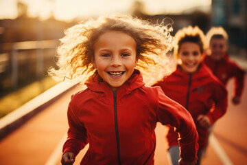 Active And Energetic Children Embrace An Active Lifestyle On The Track - obrazy, fototapety, plakaty