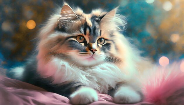 A fluffy cat lying on the bed in the style of graflex speed graphics, holography, close-up intensity, dark beige and pink colors, intense facial expression, Persian miniature, pinhole photography