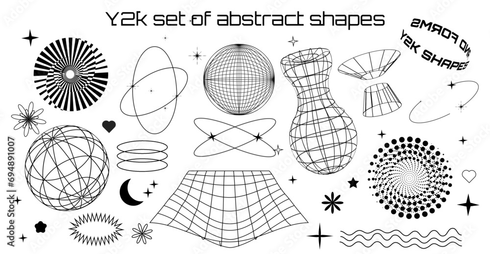 Poster set of abstract form and shapes in psychedelic style. rave. social network. wireframe elements. retr