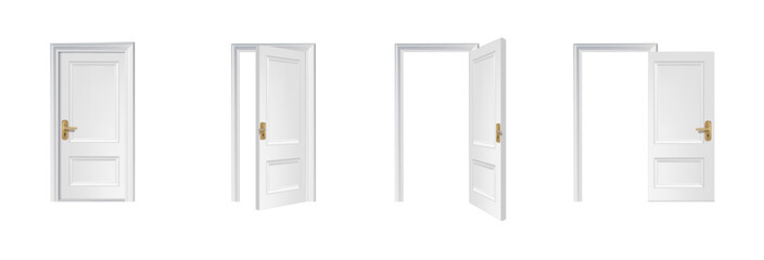 3d realistic vector icon illustration. White wooden door opened and closed. - obrazy, fototapety, plakaty