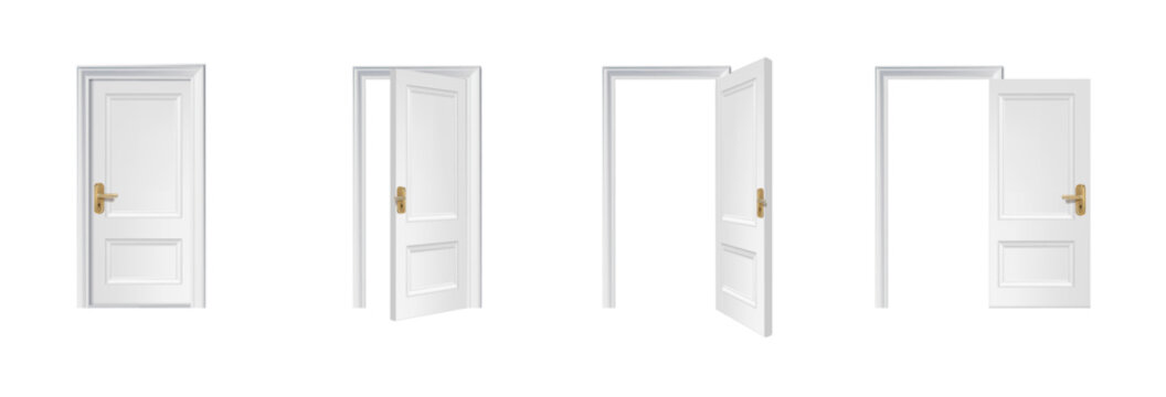 3d realistic vector icon illustration. White wooden door opened and closed.