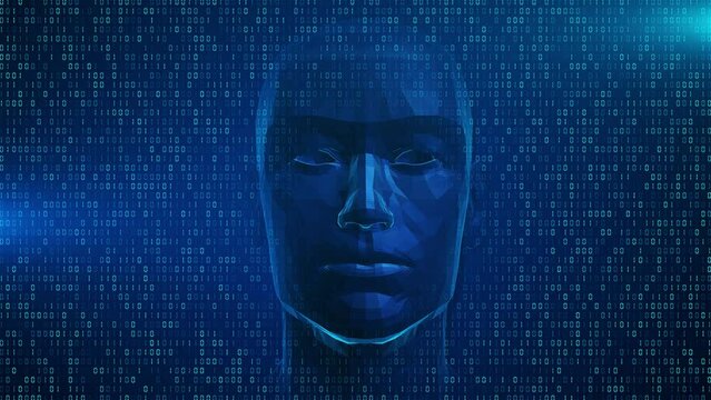 Digital Technology Human Mind Artificial Intelligence Person Face Fiction 3d Animation 4K Background. cyber mind Human computing, robot Big data, neural network machine learning system, deep fake
