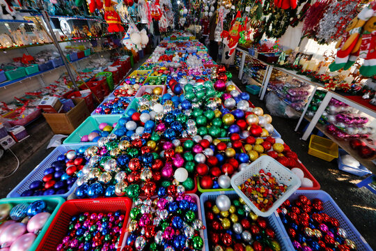 Christmas market, selection of Christmas decorations for sale, Ho Chi Minh City, Vietnam