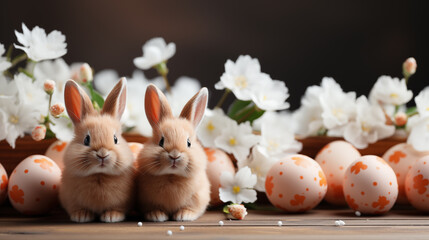 Dois coelhos fofos e flores - Papel de parede com o tema pascoa feliz