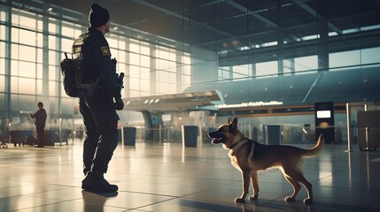 Security officer with police dog at airport. Police dog. Sniffer Dog. Generative AI - obrazy, fototapety, plakaty