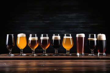 Glasses Of Different Kinds Of Dark And Light Beer On Wooden Table In Line - obrazy, fototapety, plakaty