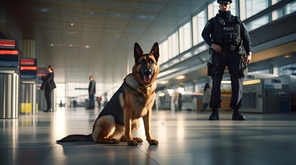 Security officer with police dog at airport. Police dog. Sniffer Dog. Generative AI