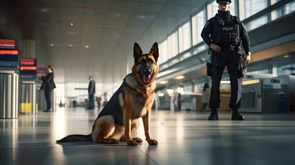 Fototapeten Security officer with police dog at airport. Police dog. Sniffer Dog. Generative AI © PSCL RDL