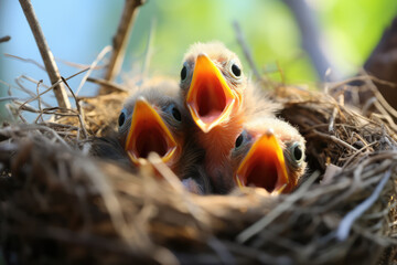 Nestbound Baby Birds With Mouths Wide Open, Sunny Day