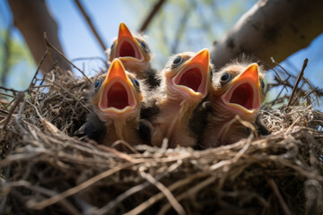 Fototapeta premium Eager Baby Birds Yearning For Food On Sunny Day