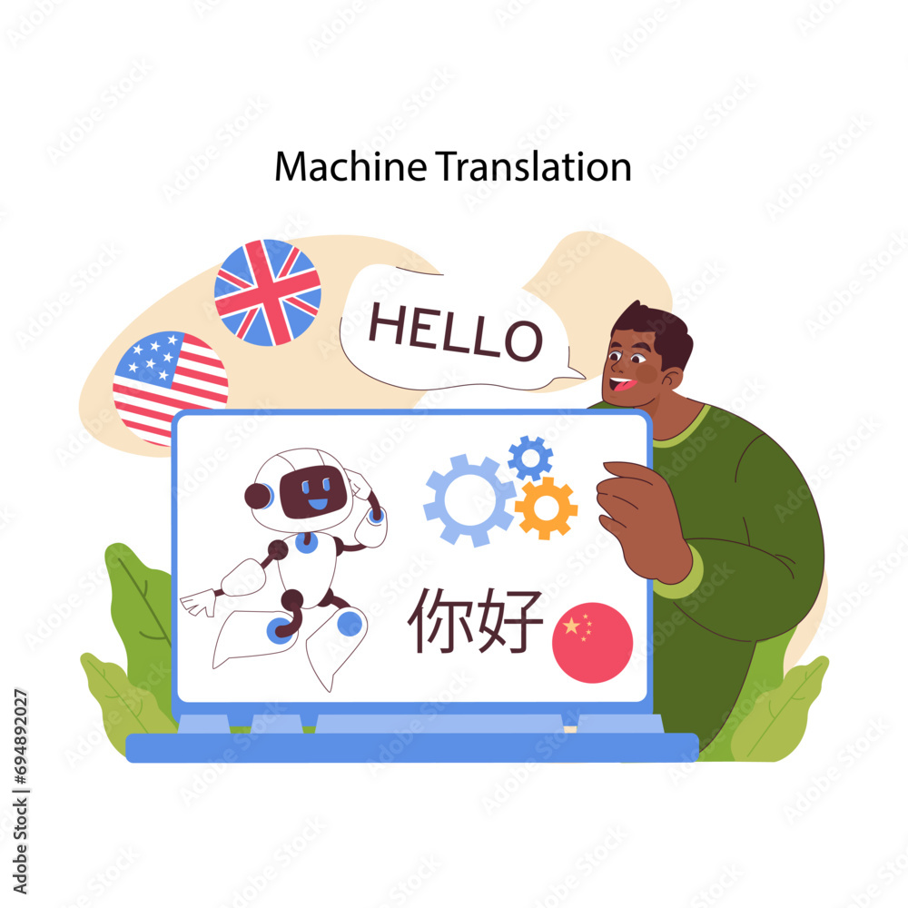 Poster machine translation concept. seamless global communication bridged by ai, transcending language barr