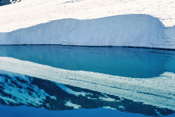 Mountain reflections in a lake with a snowdrift
