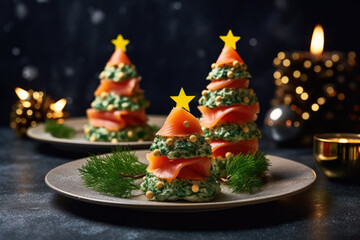 Festive Appetizer: Smoked Salmon Canapes Shaped As Christmas Trees - obrazy, fototapety, plakaty