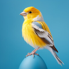 Fototapeta premium a realistic beautiful yellow and white canary on a blue background created with Generative Ai
