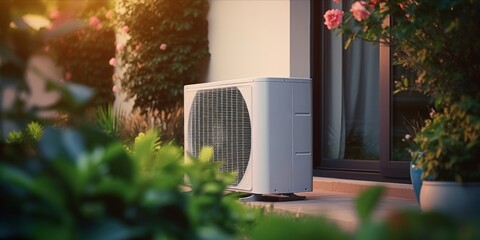 Residential air conditioning unit outside a home with plants and evening sunlight - obrazy, fototapety, plakaty