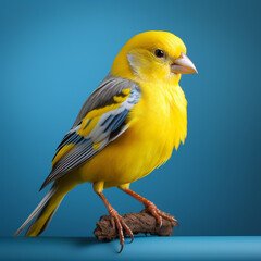 Fototapeta premium a realistic beautiful yellow and white canary on a blue background created with Generative Ai