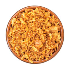 Pile of crispy fried onions isolated on white.  Roasted Onions in a bowl Top view. Flat lay.