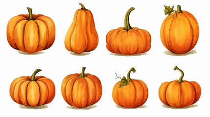 Set of Halloween watercolour pumpkin illustrations, ribbon. Seasonal artwork isolated on white background. Generative AI