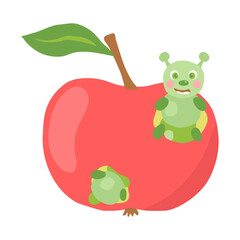 Ripe red apple with cute caterpillar, funny kids design element, vector