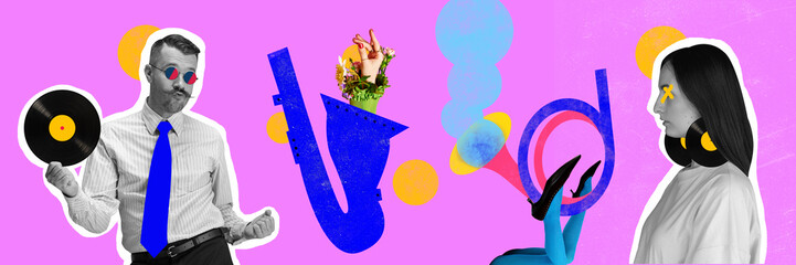 Banner. Contemporary art collage. Funny, overjoyed people dancing with retro objects against vivid purple background.