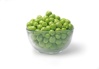 Fresh Green pea in the glass bowl isolated on a white background side view 