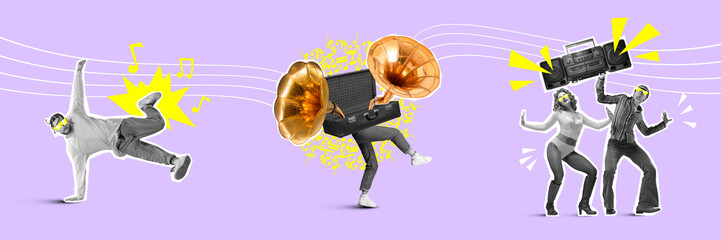Banner. Contemporary art collage. Talented creative people playing and listening music and dancing against purple background.
