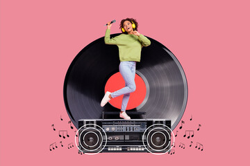 Creative collage of mini excited girl listen music earphones big boombox hold microphone vinyl record melody notes isolated on pink background