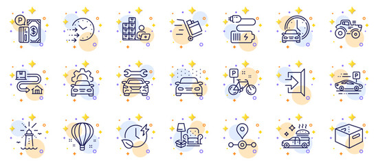 Outline set of Inventory, Push cart and Tractor line icons for web app. Include Lighthouse, Charging time, Exit pictogram icons. Station, Car wash, Book car signs. Bike, Air balloon, Battery. Vector