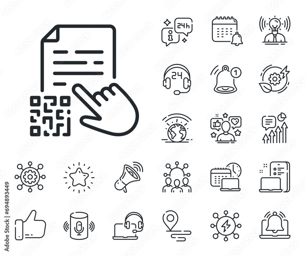Poster scan barcode sign. place location, technology and smart speaker outline icons. qr code line icon. ce