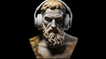 ront view of the head of an abstract fictional ancient male statue in modern music headphones, listens to music on a dark background. Generative AI