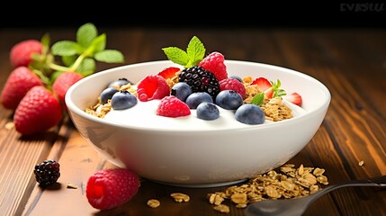 fresh bowl of yogurt with granola and fresh fruits. Generative AI