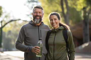 Adult couple at outdoors holding a bottle of water