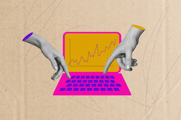 Creative image picture collage of business person typing with fingers hands working on financial...