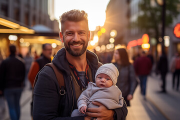 Middle aged man in the middle of the city with newborn baby - obrazy, fototapety, plakaty