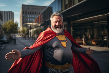 Middle aged man in the middle of the city in Super Hero costume