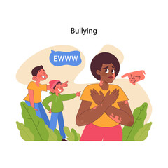 Bullying in action. Distraught young woman cornered by jeering peers, feeling isolated and shamed. Lookism, racism, discrimination, hate, social issue portrayal. Flat vector illustration - obrazy, fototapety, plakaty