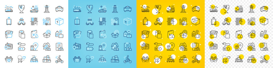 Vector icons set of Delivery report, Rent car and Wholesale goods line icons pack for web with Gps, Taxi, Package outline icon. Paper wallpaper, Lighthouse, Fragile package pictogram. Vector