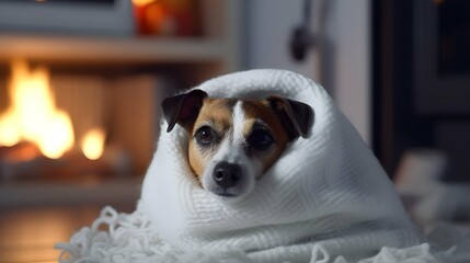 Cute dog is freezing in living room and warming himself under blanket near radiator. Generative AI