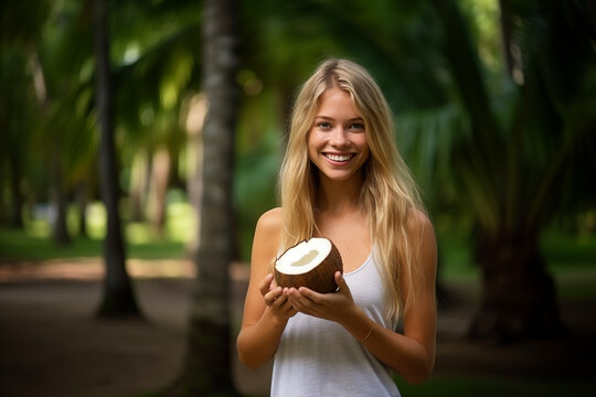 Young pretty blonde girl at outdoors in a park holding a coconut