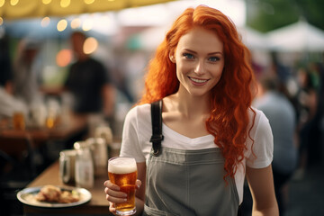 Young pretty redhead woman at outdoors drinking beer