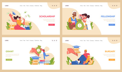 Scholarship types set. Exploring various financial aid forms for scholars and students. Grant, fellowship, and bursary differences. Educational investment for bright futures. Flat vector illustration