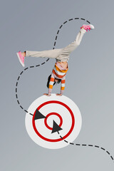 Collage artwork minimal picture of smiling carefree boy playing darts game isolated grey color...
