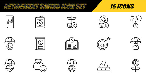Money income line icon set. Pension fund, profit growth, piggy bank, finance capital minimal vector illustration. Simple outline signs for investment application. Editable stroke. Vector Illustration.
