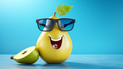 Cheerful and happy green pear with glasses. Smiling anthropomorphic fruit on blue background - obrazy, fototapety, plakaty