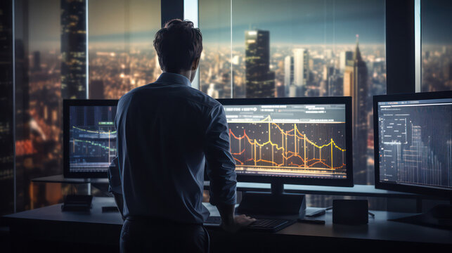 Cryptocurrency strategist utilizing big screens for market analysis