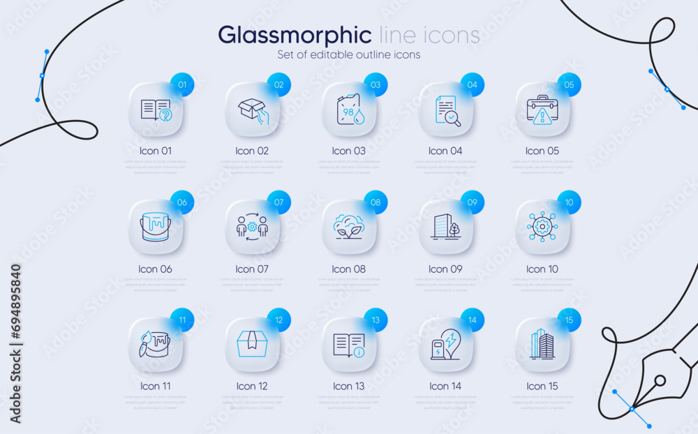 Poster set of technical info, warning briefcase and brush line icons for web app. engineering team, paint, 