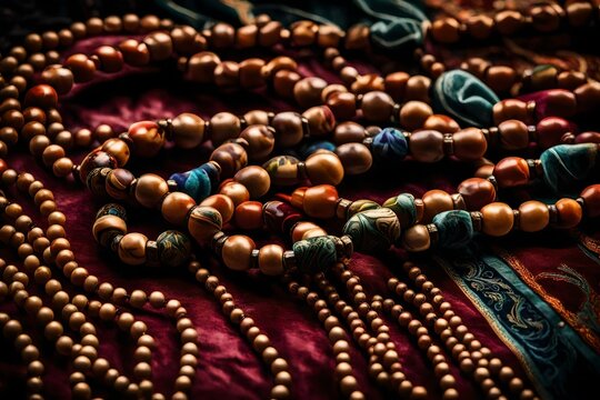 A close-up of prayer beads on a velvet cloth.