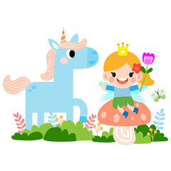 Obraz na płótnie Canvas Fairy and Unicorn illustration with rainbow, stars, hearts, clouds, in cartoon style.