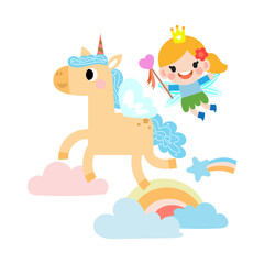 Fairy and Unicorn illustration with rainbow, stars, hearts, clouds, in cartoon style.