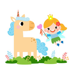Obraz na płótnie Canvas Fairy and Unicorn illustration with rainbow, stars, hearts, clouds, in cartoon style.